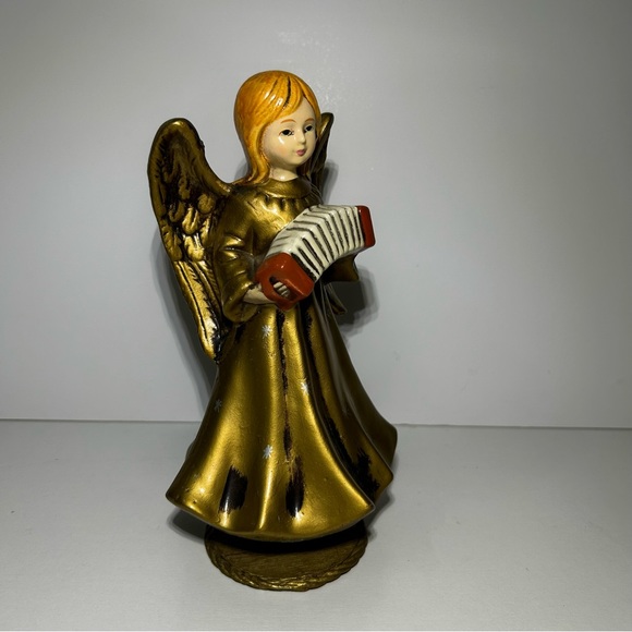 Golden Christmas Angel Holding Accordion Japan Vintage Musical Silent Night - Picture 2 of 8
